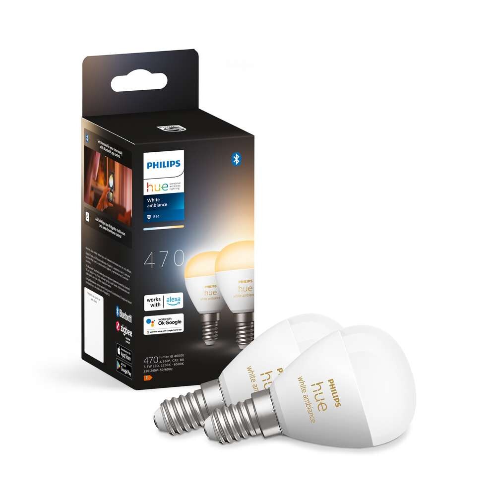 Philips Hue – Pære Philips Hue White&Amb. 5,1W Luster Klot 2 pack. E14 Philips Hue